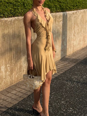 AIERTU  -  Y2K Halter Ruffle Mini Dress Women Sexy Deep V Neck Backless Dresses Summer Elegant Irregular Hem Beach Sundress Vestidos Aiertu