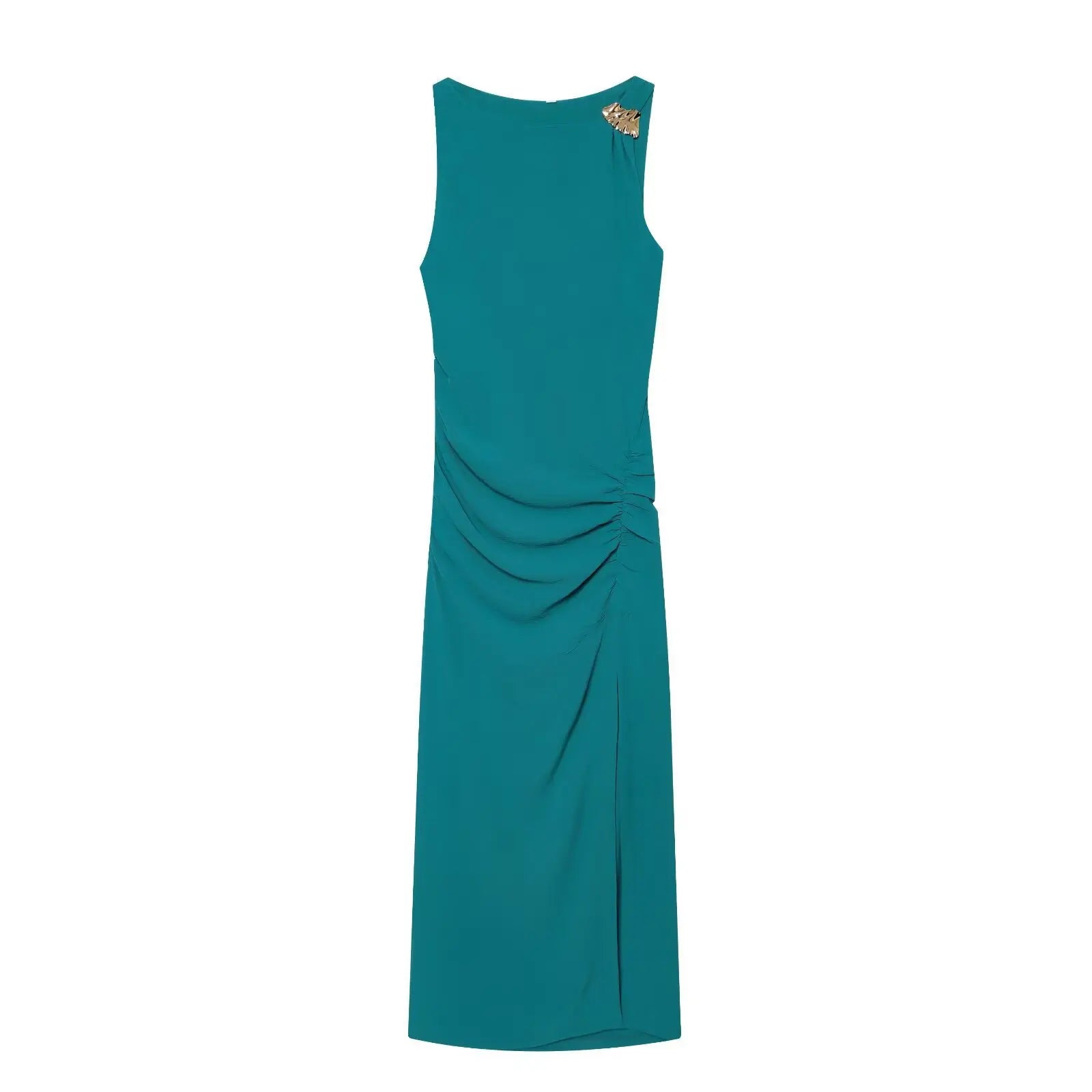 AIERTU  -  French Style Sleeveless Dress Women Summer Elegant Cowl Neck Ruched Slit Maxi Dresses Luxury Metal Decor Vestidos Tight Robe Aiertu