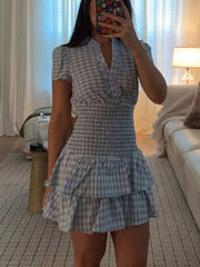 AIERTU  -  New Woman Spring Fashion Comfortable Short Sleeves Lapel Layered Decoration Plaid Short Dress Female Casual Outing Dress Aiertu