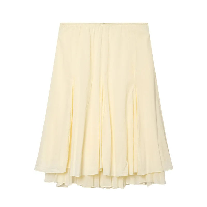 AIERTU  -  French Elegant Layered Midi Skirt Women Fairycore High Waist Pleated Ruffle Skirts Summer Solid Chic Casual A-Line Long Jupe Aiertu