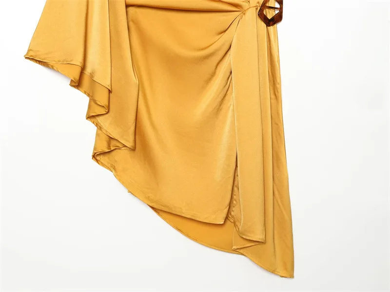 AIERTU  -  Satin One Shoulder Midi Dress Women Elegant Yellow Asymmetrical Ruched Draped Dress Chic Belted Sleeveless Luxury Party Vestidos Aiertu