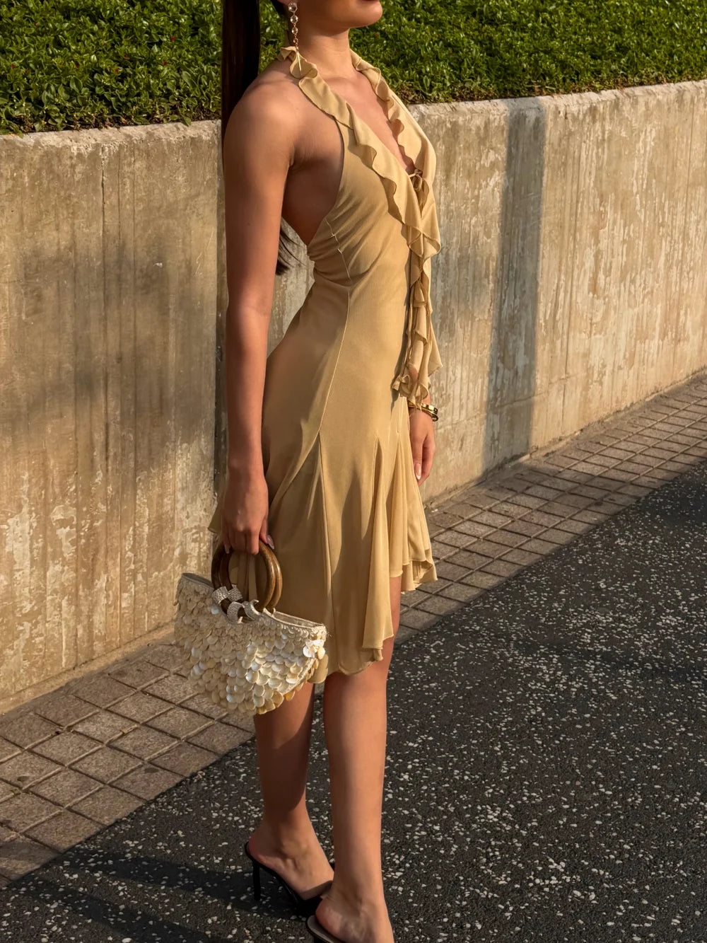 AIERTU  -  Y2K Halter Ruffle Mini Dress Women Sexy Deep V Neck Backless Dresses Summer Elegant Irregular Hem Beach Sundress Vestidos Aiertu