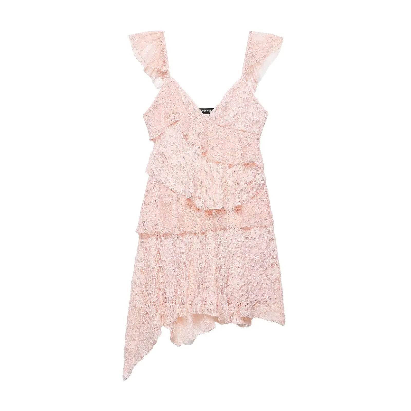 AIERTU  -  Women Sexy Pink Lace Dress V Neck Ruffle Sleeveless Mini Dress Summer Layered Mesh Dress Party Night Clubwear Fairy Dress Aiertu