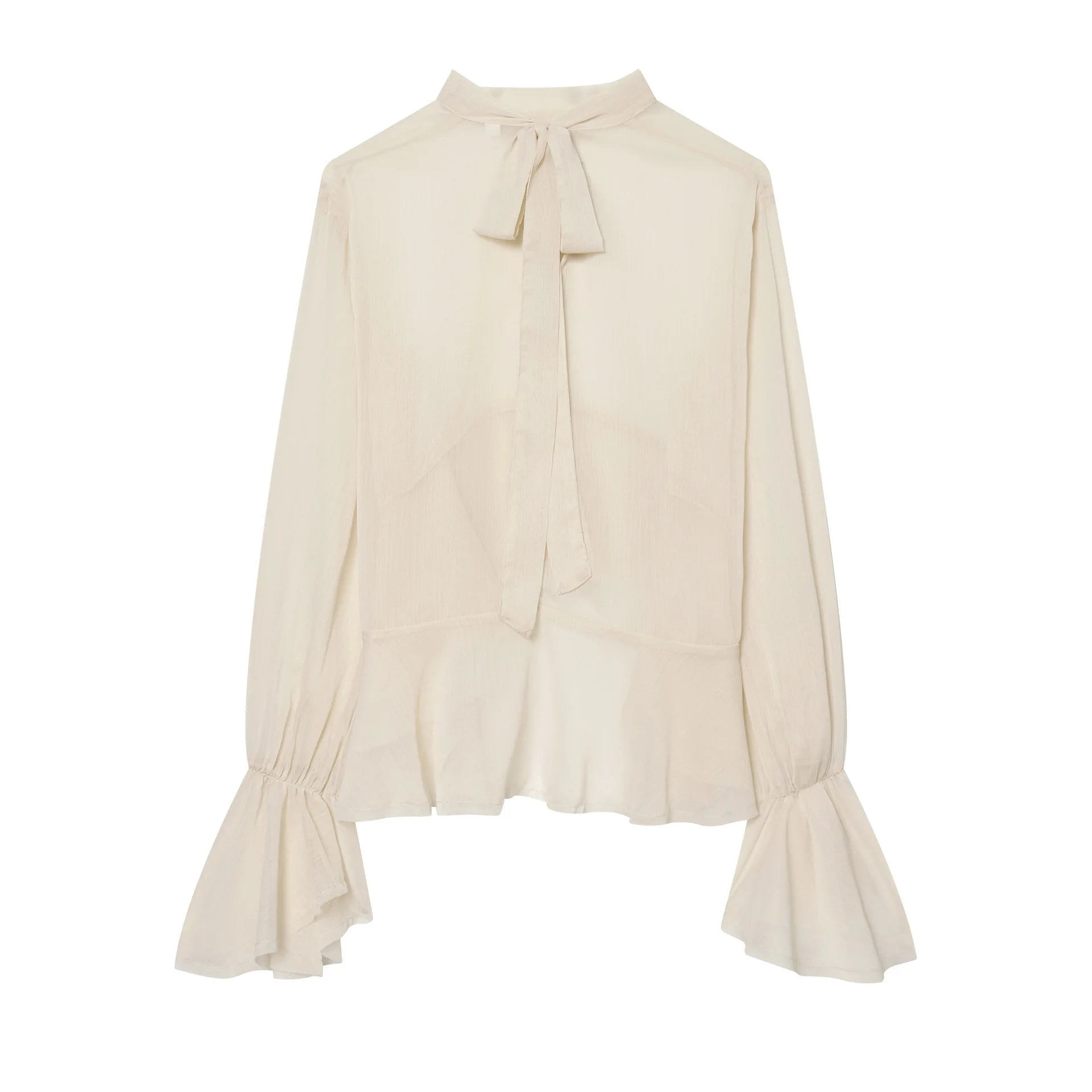 AIERTU  -  Elegant Office Lady Silk Satin Blouse Women Summer See Through Flare Cuff Shirt Solid White Bow Tie Tops Chic Workwear Robe Aiertu