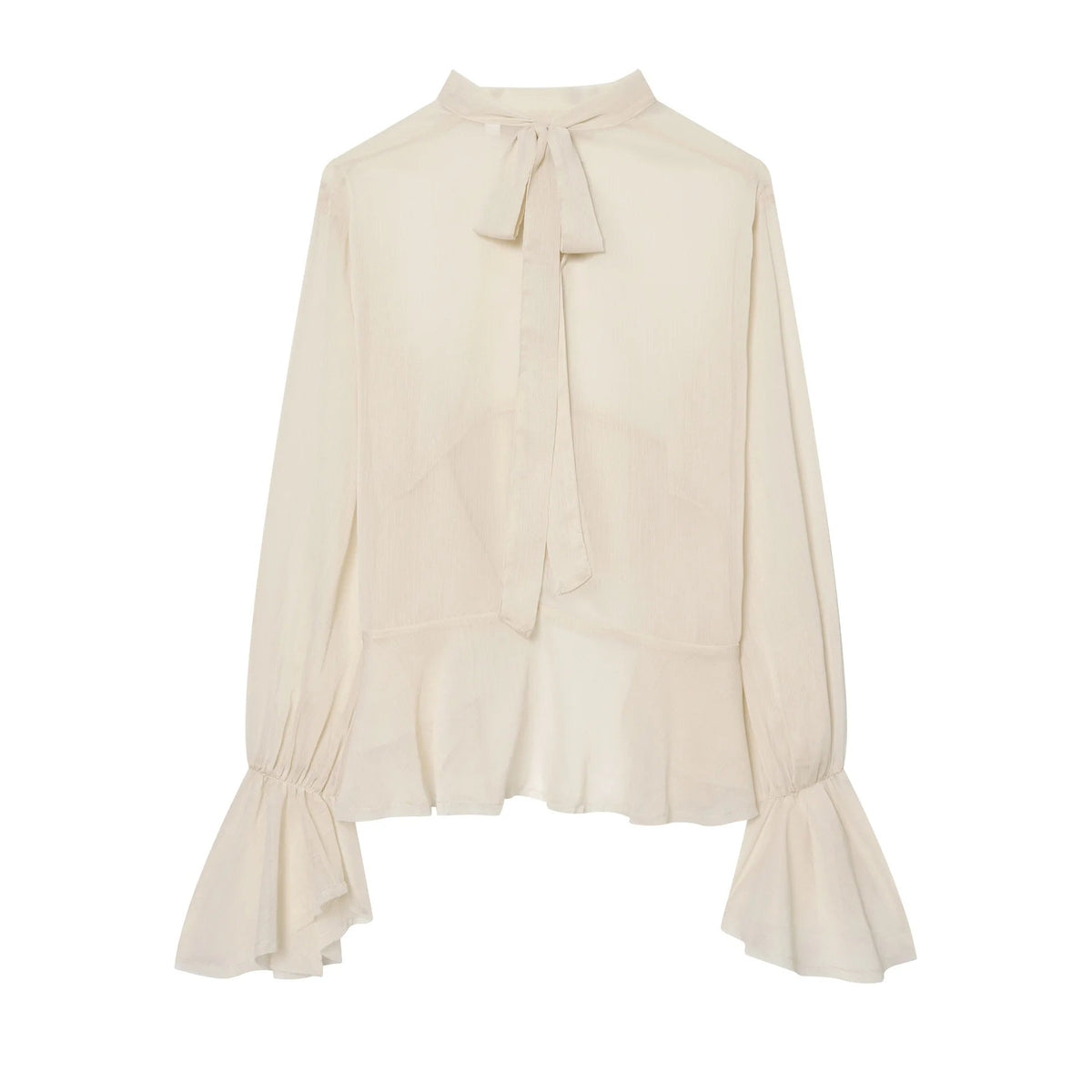 AIERTU  -  Elegant Office Lady Silk Satin Blouse Women Summer See Through Flare Cuff Shirt Solid White Bow Tie Tops Chic Workwear Robe Aiertu