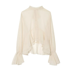 AIERTU  -  Elegant Office Lady Silk Satin Blouse Women Summer See Through Flare Cuff Shirt Solid White Bow Tie Tops Chic Workwear Robe Aiertu