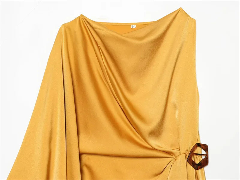 AIERTU  -  Satin One Shoulder Midi Dress Women Elegant Yellow Asymmetrical Ruched Draped Dress Chic Belted Sleeveless Luxury Party Vestidos Aiertu