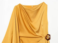 AIERTU  -  Satin One Shoulder Midi Dress Women Elegant Yellow Asymmetrical Ruched Draped Dress Chic Belted Sleeveless Luxury Party Vestidos Aiertu