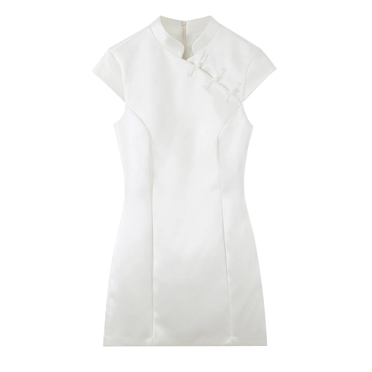 AIERTU  -  Women Modern Cheongsam Dress Frog Button White Satin Qipao Cap Sleeve Bodycon Mini Dresses Elegant Chic New Chinese Style Aiertu
