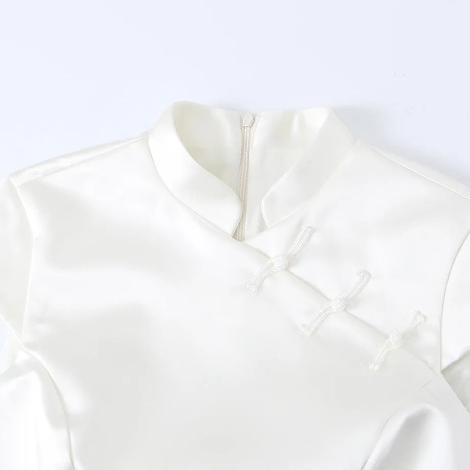 AIERTU  -  Women Modern Cheongsam Dress Frog Button White Satin Qipao Cap Sleeve Bodycon Mini Dresses Elegant Chic New Chinese Style Aiertu