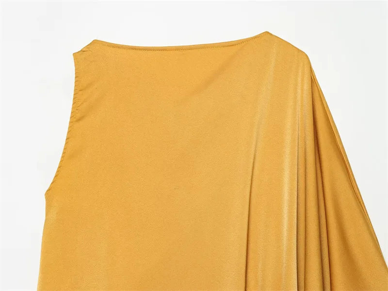 AIERTU  -  Satin One Shoulder Midi Dress Women Elegant Yellow Asymmetrical Ruched Draped Dress Chic Belted Sleeveless Luxury Party Vestidos Aiertu