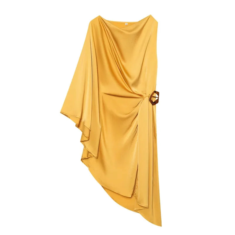 AIERTU  -  Satin One Shoulder Midi Dress Women Elegant Yellow Asymmetrical Ruched Draped Dress Chic Belted Sleeveless Luxury Party Vestidos Aiertu