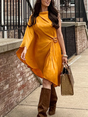 AIERTU  -  Satin One Shoulder Midi Dress Women Elegant Yellow Asymmetrical Ruched Draped Dress Chic Belted Sleeveless Luxury Party Vestidos Aiertu