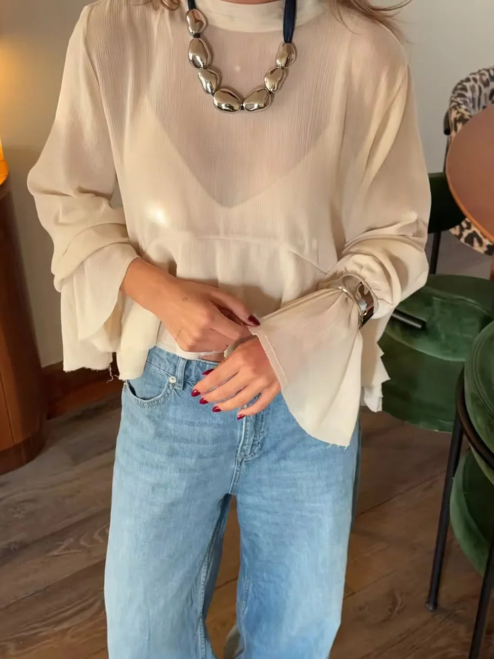 AIERTU  -  Elegant Office Lady Silk Satin Blouse Women Summer See Through Flare Cuff Shirt Solid White Bow Tie Tops Chic Workwear Robe Aiertu