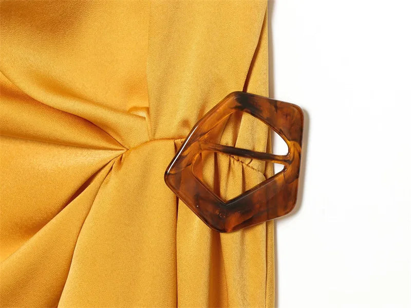 AIERTU  -  Satin One Shoulder Midi Dress Women Elegant Yellow Asymmetrical Ruched Draped Dress Chic Belted Sleeveless Luxury Party Vestidos Aiertu