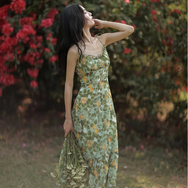 Aiertu Sexy Floral Fairy Dresses Women Summer Elegant Long Evening Vacation Dress Vintage Beach Backless Print Party Strap Dress Aiertu