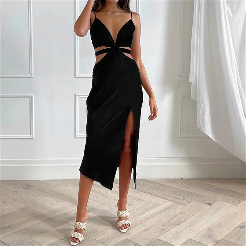 AIERTU  - Summer Dress Spaghetti Straps Halter Deep V Neck Cut Out Long Side Split Dresses For Women Sexy Party Vestidos Black Aiertu