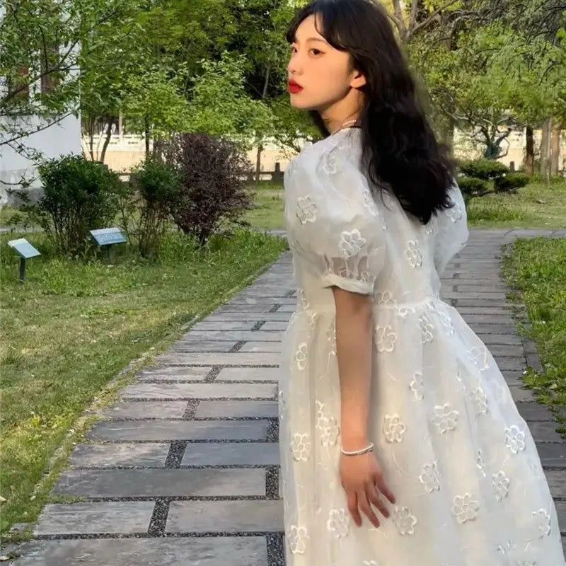 Aiertu Summer Long Fairy Dress Women Sweet Mesh Hollow Out Designer Vintage Dress 2021 Elegant Korean High Waist Party Floral Dress Aiertu
