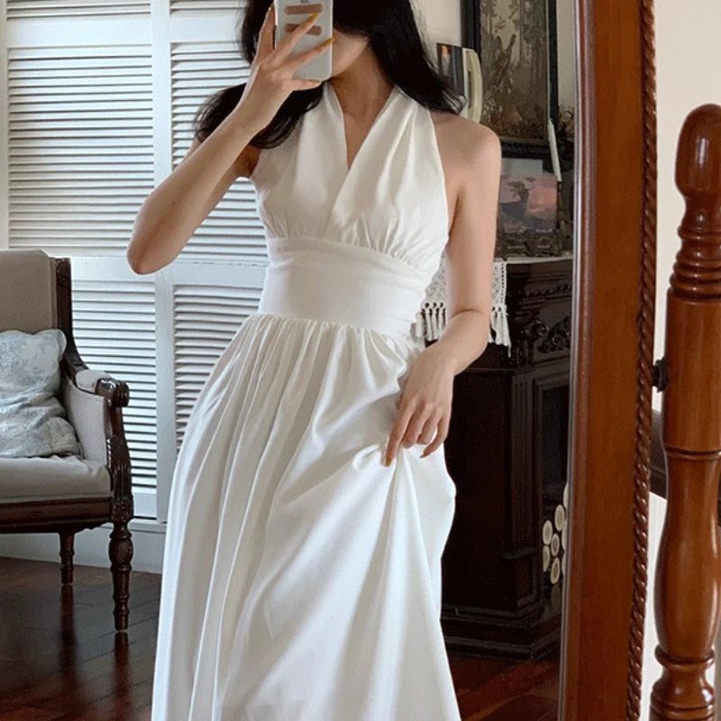 Aiertu White Elegant Halter Dress Women Sexy Backless Korean Party Midi Dress Female Sleeveless V-neck Vintage Dresses for Women Aiertu