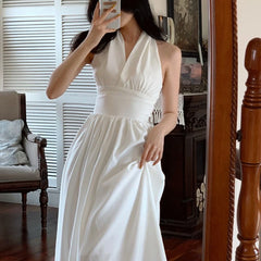 Aiertu White Elegant Halter Dress Women Sexy Backless Korean Party Midi Dress Female Sleeveless V-neck Vintage Dresses for Women Aiertu