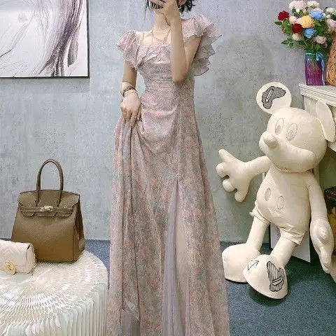 Aiertu Vintage Chiffon Midi Dress Women Floral Print Design Korean Party Split Dress Female Summer Evening Beach Boho Dress Casual Aiertu