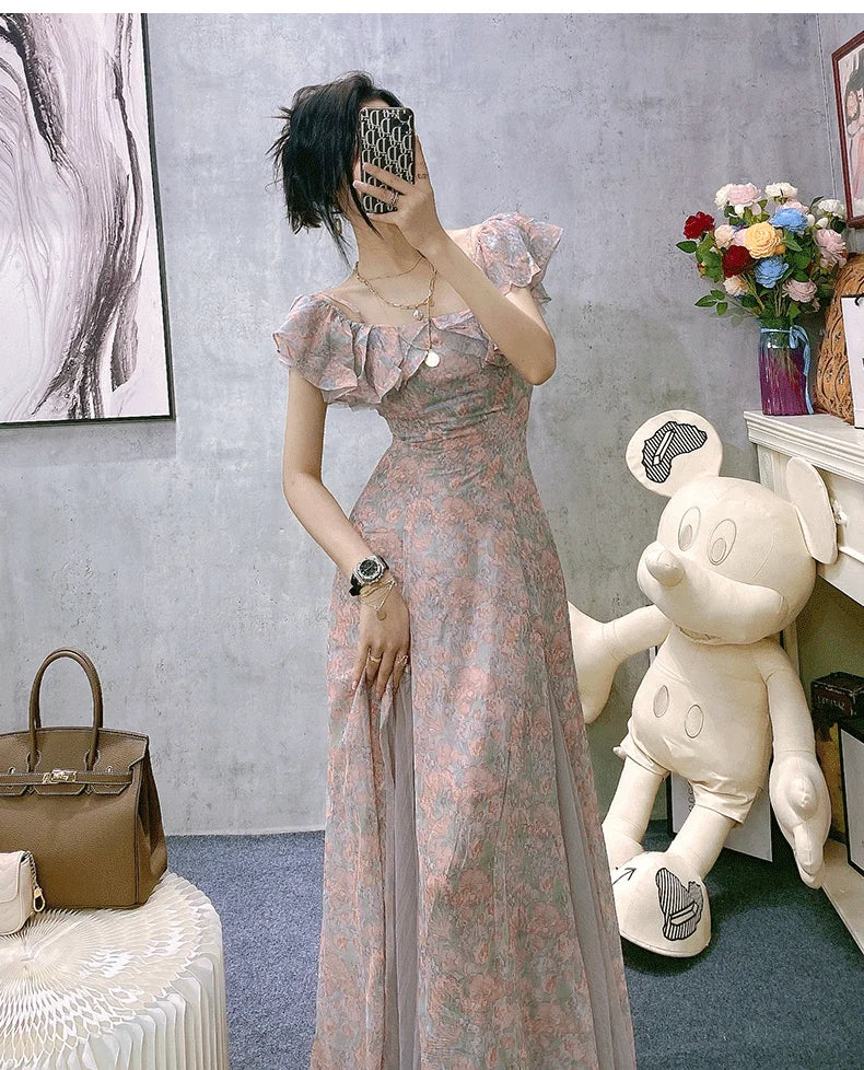 Aiertu Vintage Chiffon Midi Dress Women Floral Print Design Korean Party Split Dress Female Summer Evening Beach Boho Dress Casual Aiertu