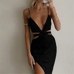 AIERTU  - Summer Dress Spaghetti Straps Halter Deep V Neck Cut Out Long Side Split Dresses For Women Sexy Party Vestidos Black Aiertu