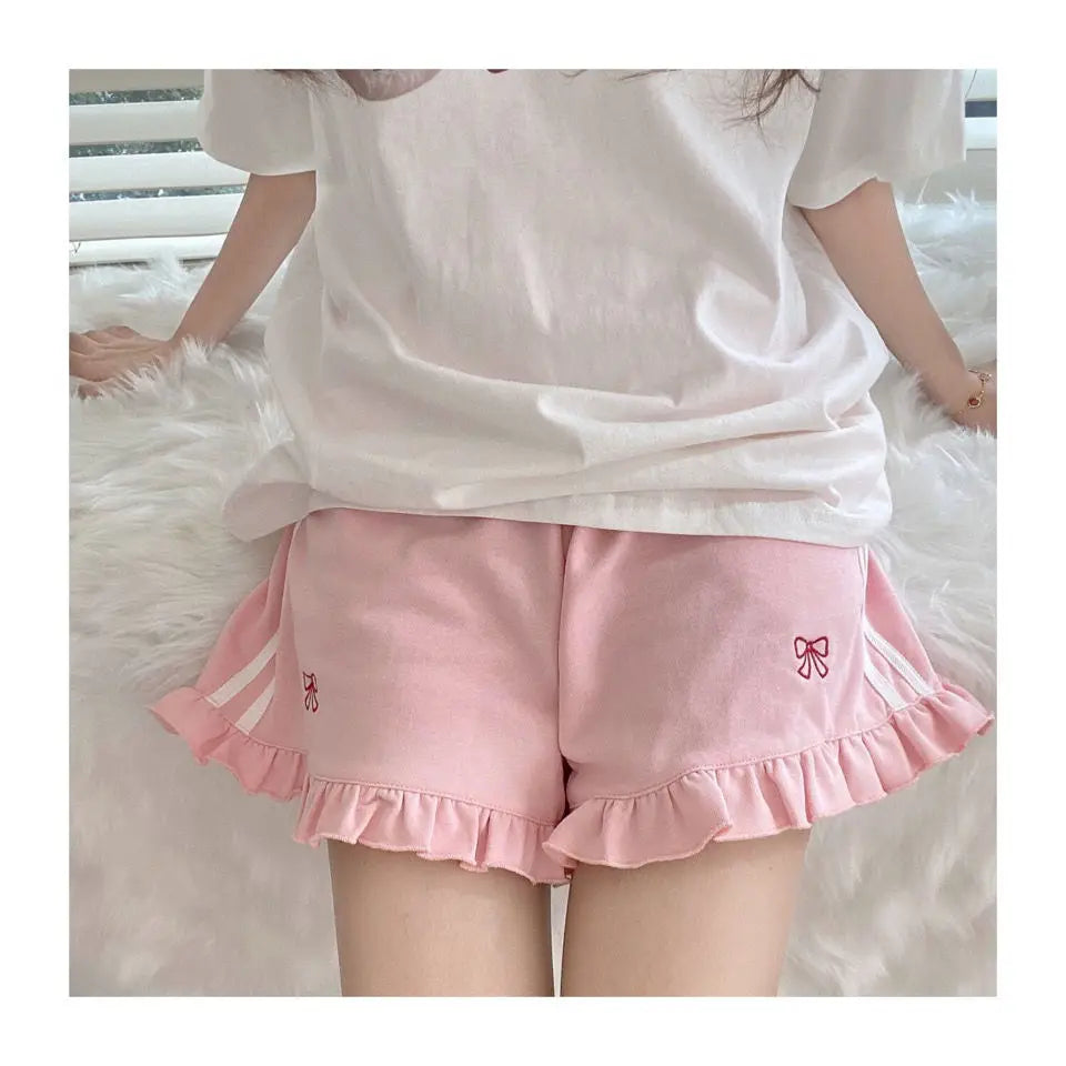 Aiertu Kawaii Streetwear Bow Embroidery Elastic High Waist Wide Letg Shorts Women Summer Lolita Sweet Cute Ruffle Short Femme Aiertu