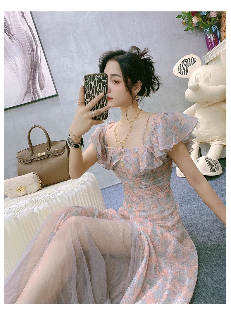 Aiertu Vintage Chiffon Midi Dress Women Floral Print Design Korean Party Split Dress Female Summer Evening Beach Boho Dress Casual Aiertu