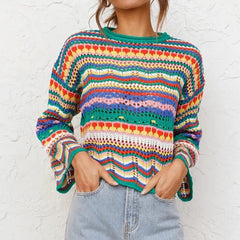 Aiertu Women Round Neck Loose Sweaters, Bohemian Long Sleeve Crochet Knit Pullover Tops Aiertu