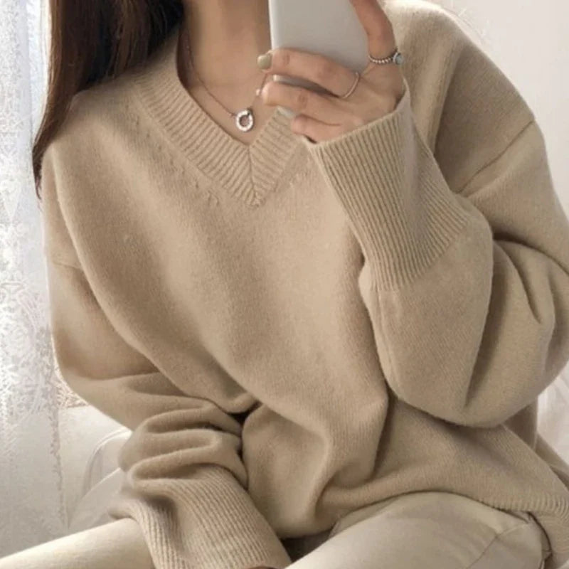 Aiertu FALL OUTFIT Sweater Pullovers Women Spring New Chic Solid V-neck All-match Loose Simple Female Fashion Vintage Elegant Clothing Leisure Soft aiertu