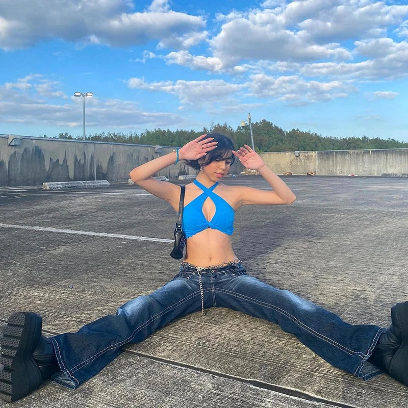 Aiertu Korean Style Harajuku Hot Mom Denim Jeans Y2K Grunge Vintage Low Waisted Pockets Skinny Flare Pants 2000s Retro Cargo Trousers Aiertu