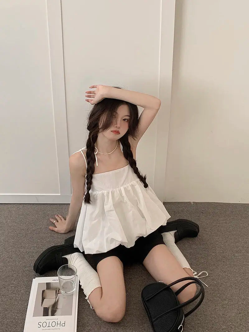 Aiertu Summer Korean Loose Camis Tops Women White Casual Chic French Sexy Blouses Ladies High Street Designer Sweet Party Clothing Aiertu