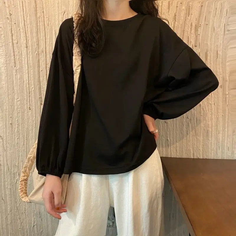 Aiertu Pure Cotton Tops Autumn Korean Lantern Puff Sleeve T-shirt Aesthetic Women's T Shirts Winter Woman Tshirts Clothing Long aiertu