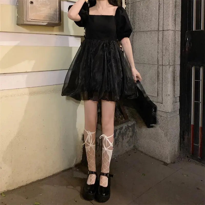 Aiertu Japanese Sweet Gothic Dress Women Black Sexy Backless Party Mini Dress French Patchwork Puff Sleeve Kawaii Fairy Princess Dress Aiertu