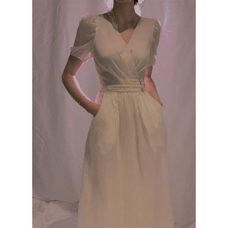 Aiertu Elegant Fairy Midi Dress Women French Princess V-neck Korean Party Dress Female Summer One-piece Dress Office Lady Causal Aiertu