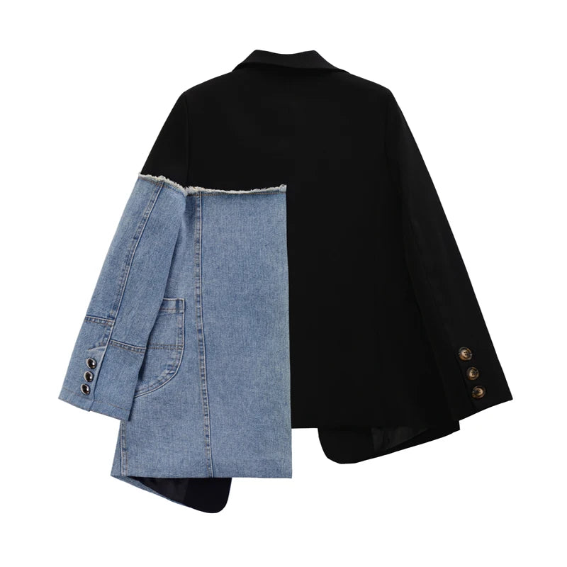 Aiertu Women Vintage Fashion Blazer Denim Patchwork Jackets Autumn Winter Irregular Coat Women Long Sleeve Loose Korean Outerwear Aiertu