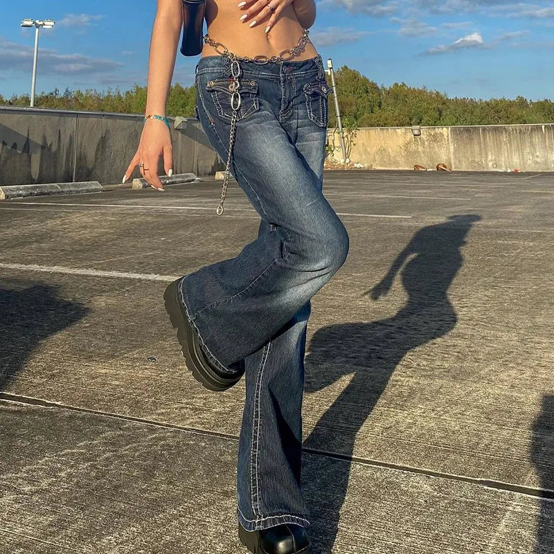 Aiertu Korean Style Harajuku Hot Mom Denim Jeans Y2K Grunge Vintage Low Waisted Pockets Skinny Flare Pants 2000s Retro Cargo Trousers Aiertu