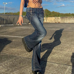 Aiertu Korean Style Harajuku Hot Mom Denim Jeans Y2K Grunge Vintage Low Waisted Pockets Skinny Flare Pants 2000s Retro Cargo Trousers Aiertu