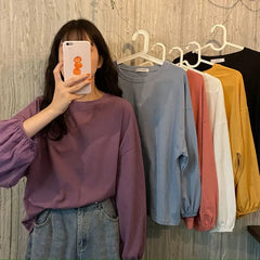 Aiertu Pure Cotton Tops Autumn Korean Lantern Puff Sleeve T-shirt Aesthetic Women's T Shirts Winter Woman Tshirts Clothing Long aiertu