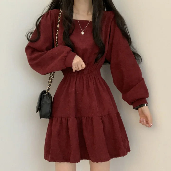 Aiertu  Vintage Mini Dress Women Sweet Retro Wrap Square Collar Long Sleeve Short Dresses Solid 3 Colors Preppy Style Clothes Aiertu