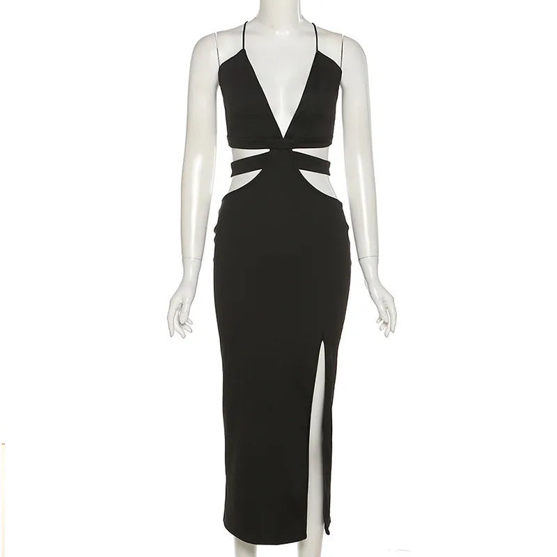 AIERTU  - Summer Dress Spaghetti Straps Halter Deep V Neck Cut Out Long Side Split Dresses For Women Sexy Party Vestidos Black Aiertu
