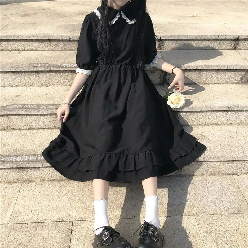 Aiertu 2024 Coquette Black Kawaii Lolita Style Dress Mori Girl Fairy Cute Lolita Peter Pan Collar Puff Sleeve Dress Fashion Women Aiertu
