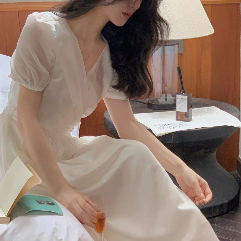 Aiertu Elegant Fairy Midi Dress Women French Princess V-neck Korean Party Dress Female Summer One-piece Dress Office Lady Causal Aiertu