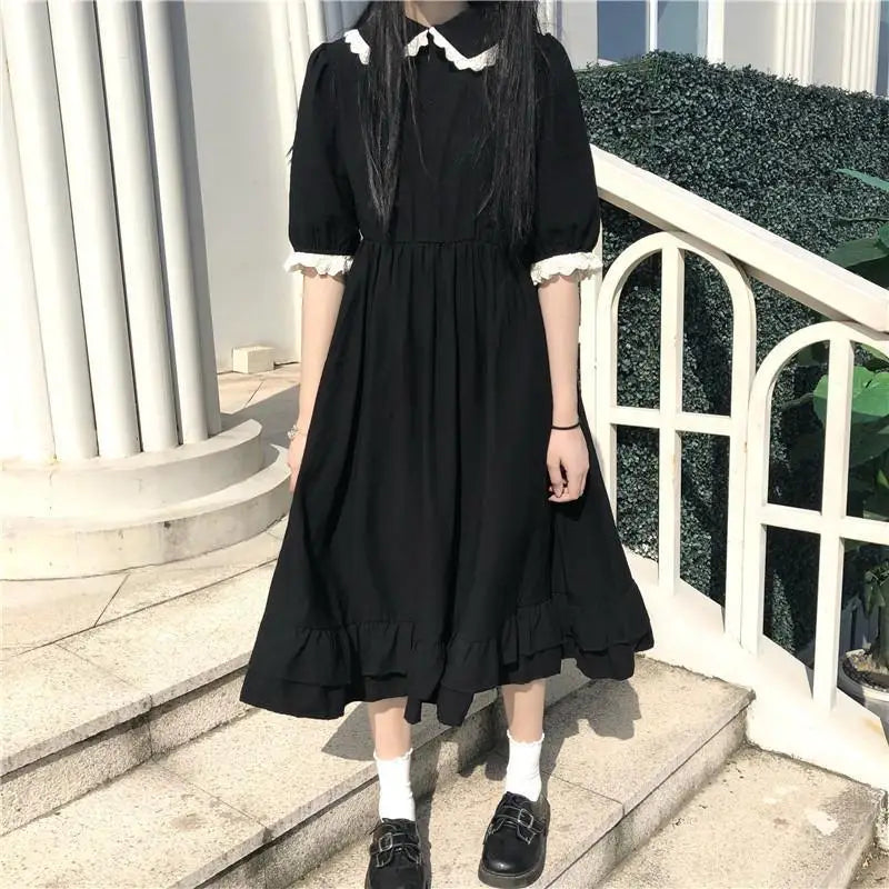 Aiertu 2024 Coquette Black Kawaii Lolita Style Dress Mori Girl Fairy Cute Lolita Peter Pan Collar Puff Sleeve Dress Fashion Women Aiertu