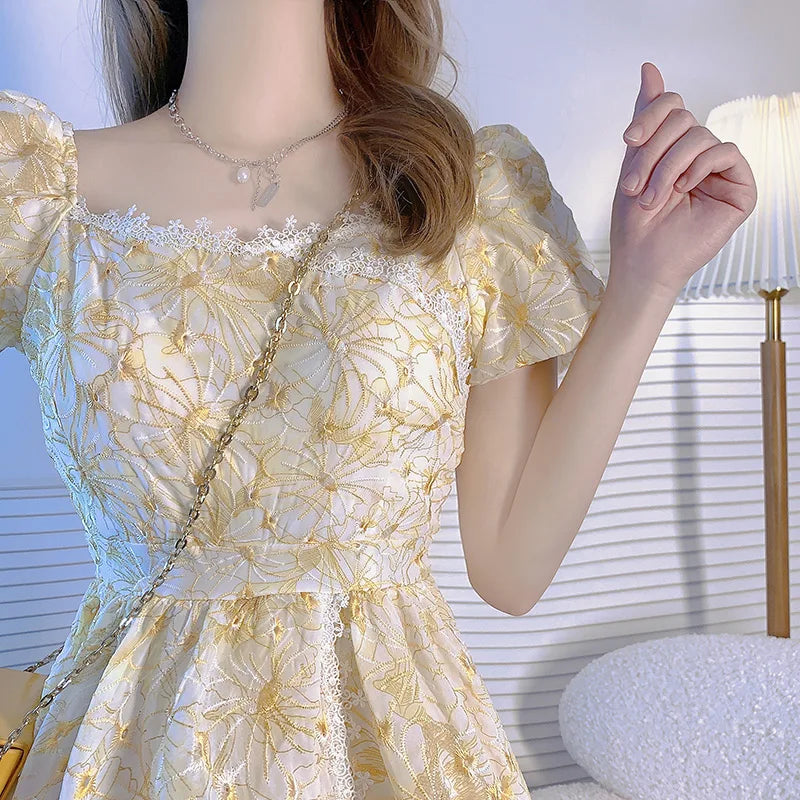 Aiertu Lace Vintage Fairy Dress Women Yellow Floral Print French Sweet Dress 2021 Summer Holiday Party Long Split Dress Female Korean Aiertu