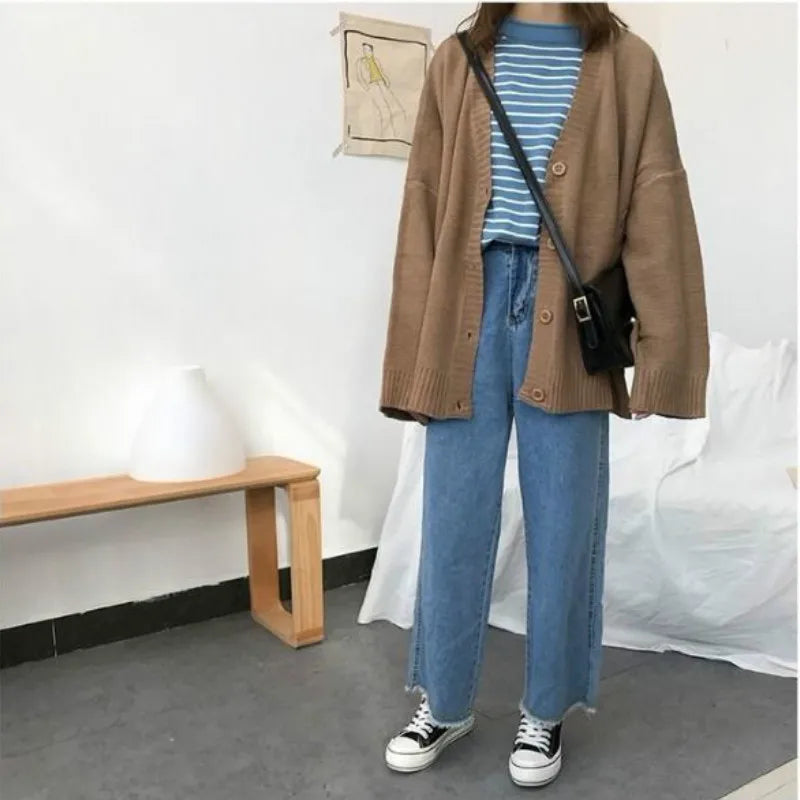 Aiertu Sweaters Women Knitting Cardigans Casual Spring V-Neck Long Sleeve Daily Solid Mujer Clothes Single Breasted Brown College aiertu