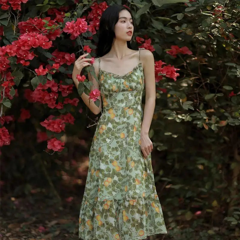 Aiertu Sexy Floral Fairy Dresses Women Summer Elegant Long Evening Vacation Dress Vintage Beach Backless Print Party Strap Dress Aiertu