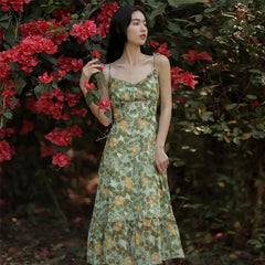Aiertu Sexy Floral Fairy Dresses Women Summer Elegant Long Evening Vacation Dress Vintage Beach Backless Print Party Strap Dress Aiertu