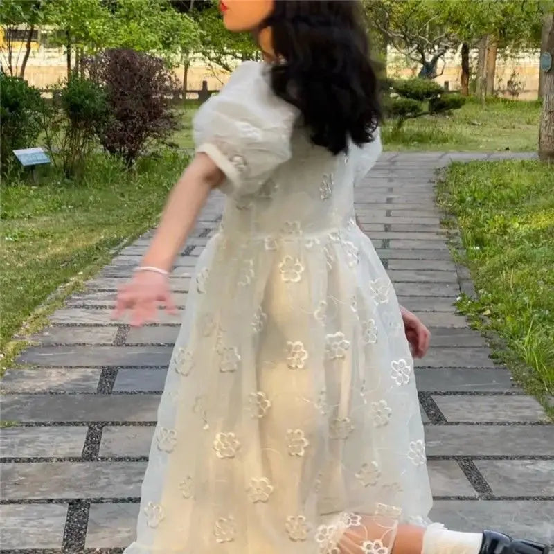 Aiertu Summer Long Fairy Dress Women Sweet Mesh Hollow Out Designer Vintage Dress 2021 Elegant Korean High Waist Party Floral Dress Aiertu